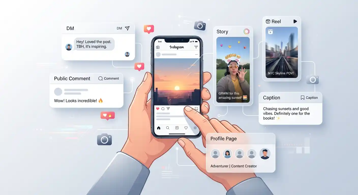 Adult using Instagram with DMs, comments, Stories, and slang expressions