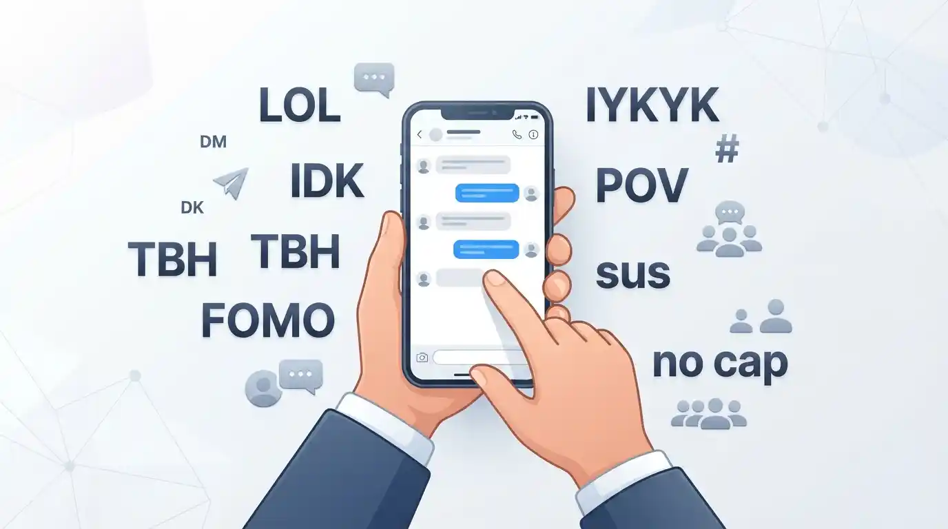Adult using social media with common slang expressions around a smartphone